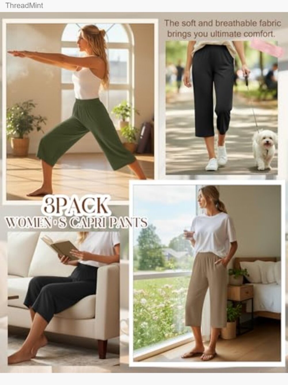 3 Pack Women's Capri Sweatpants, Wide Leg Joggers, Yoga Lounge Pants - Picture 2 of 7